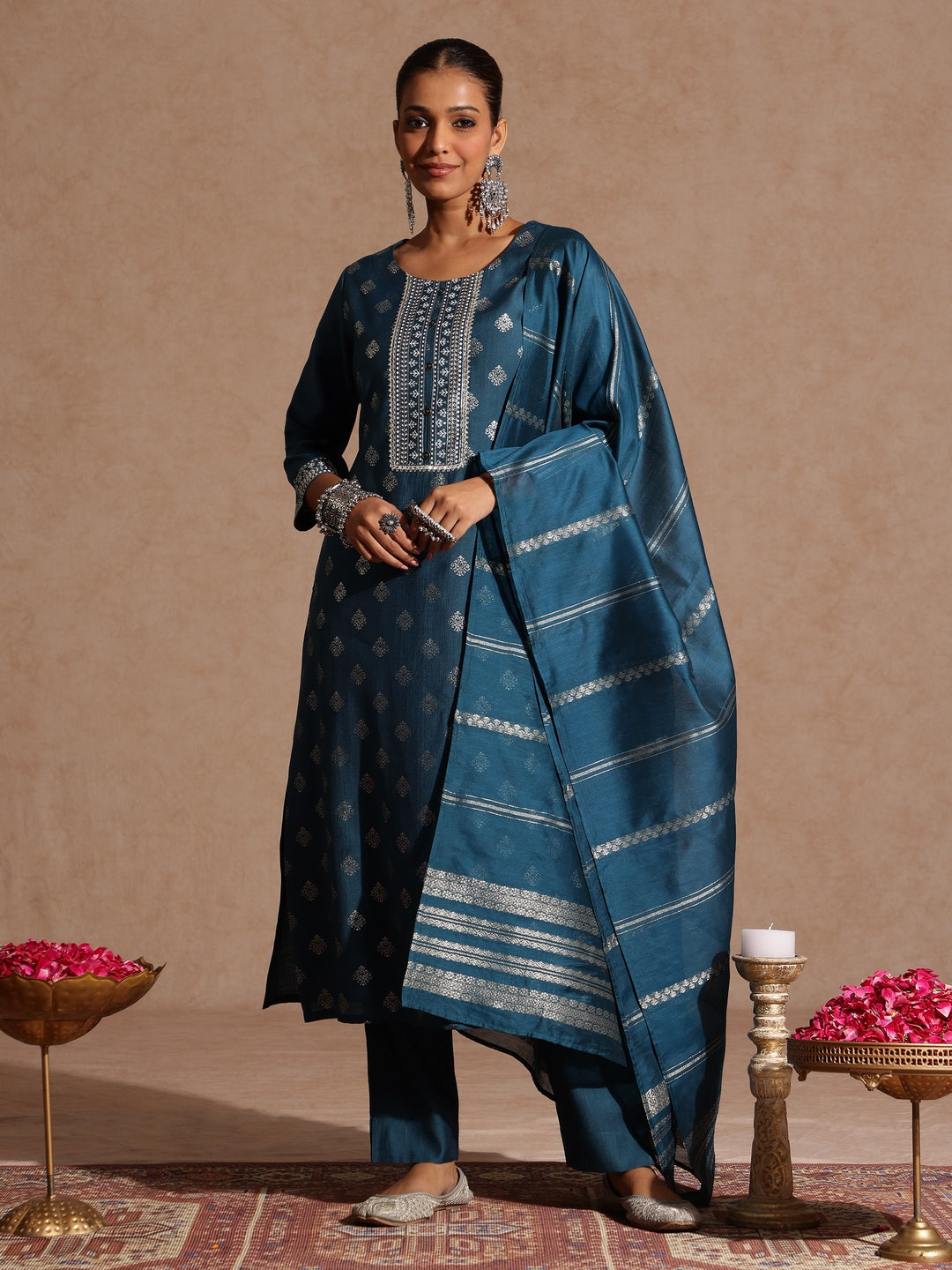 Janasya Women's Teal Blue Silk Blend Embellished Gold Foil Printed Straight Kurta Set