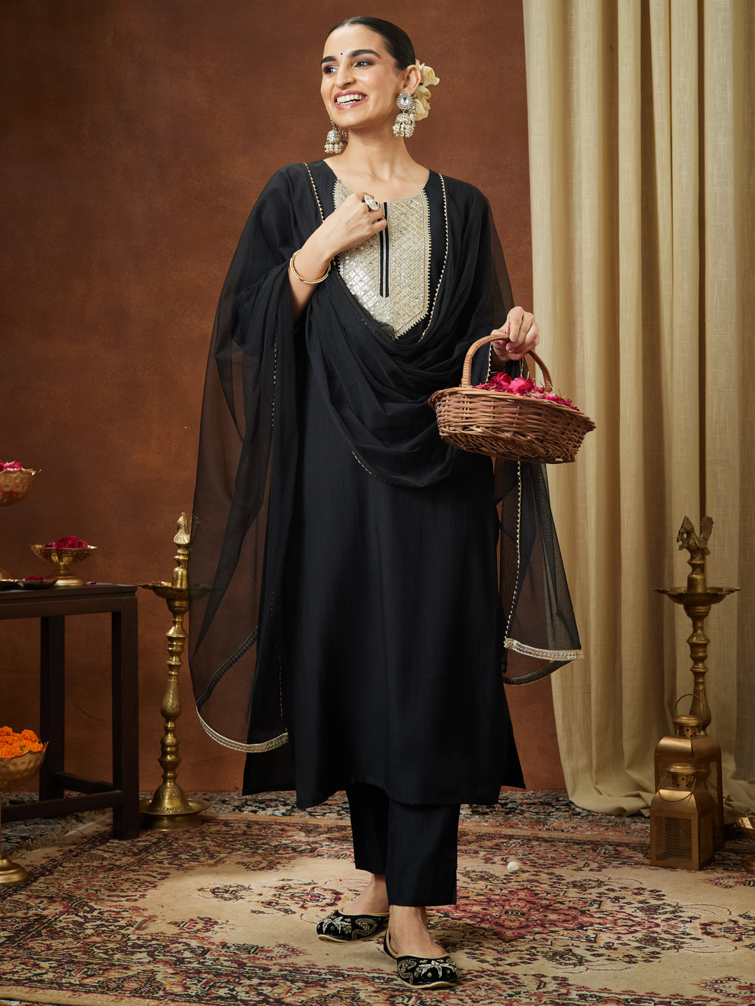Janasya Women's Black Silk Blend Embellished Yoke Design Straight Kurta Set