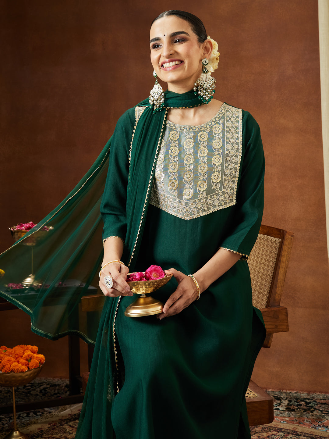 Janasya Women's Bottle Green Silk Blend Embellished Yoke Design Straight Kurta Set
