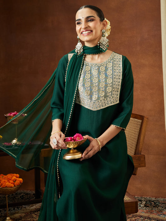 Janasya Women's Bottle Green Silk Blend Embellished Yoke Design Straight Kurta Set