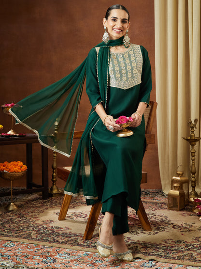 Janasya Women's Bottle Green Silk Blend Embellished Yoke Design Straight Kurta Set