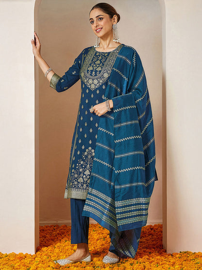 Janasya Women's Teal Blue Silk Blend Foil Printed Straight Kurta Set