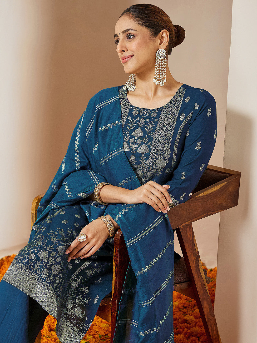 Janasya Women's Teal Blue Silk Blend Foil Printed Straight Kurta Set