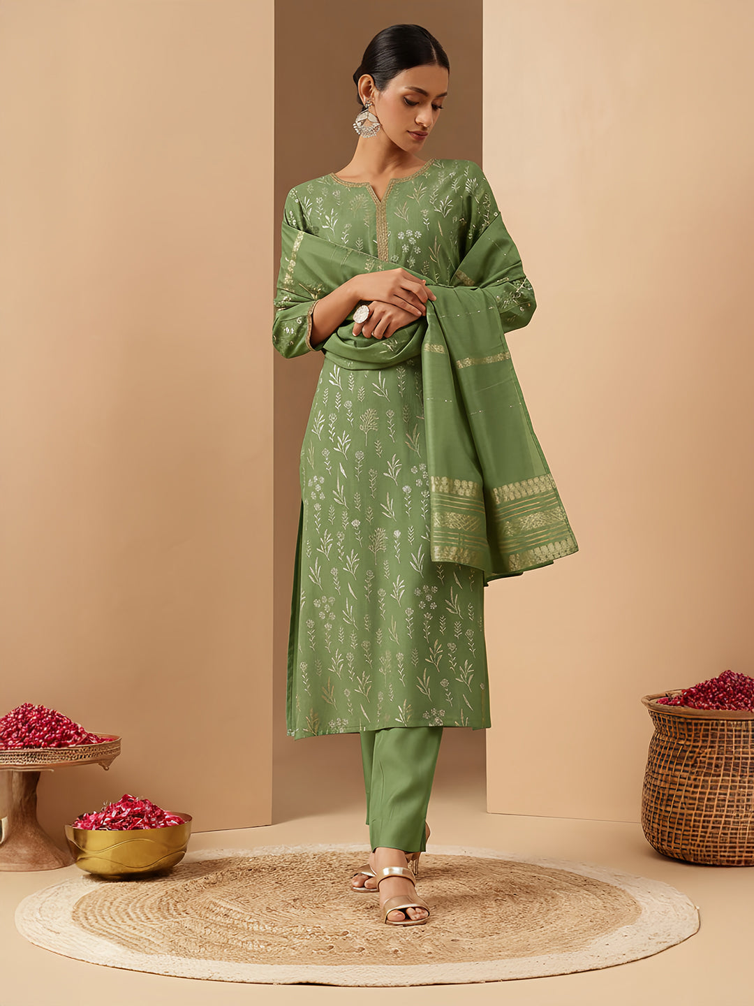 Janasya Women's Mint Green Silk Blend Embellished Gold Printed Straight Kurta Set