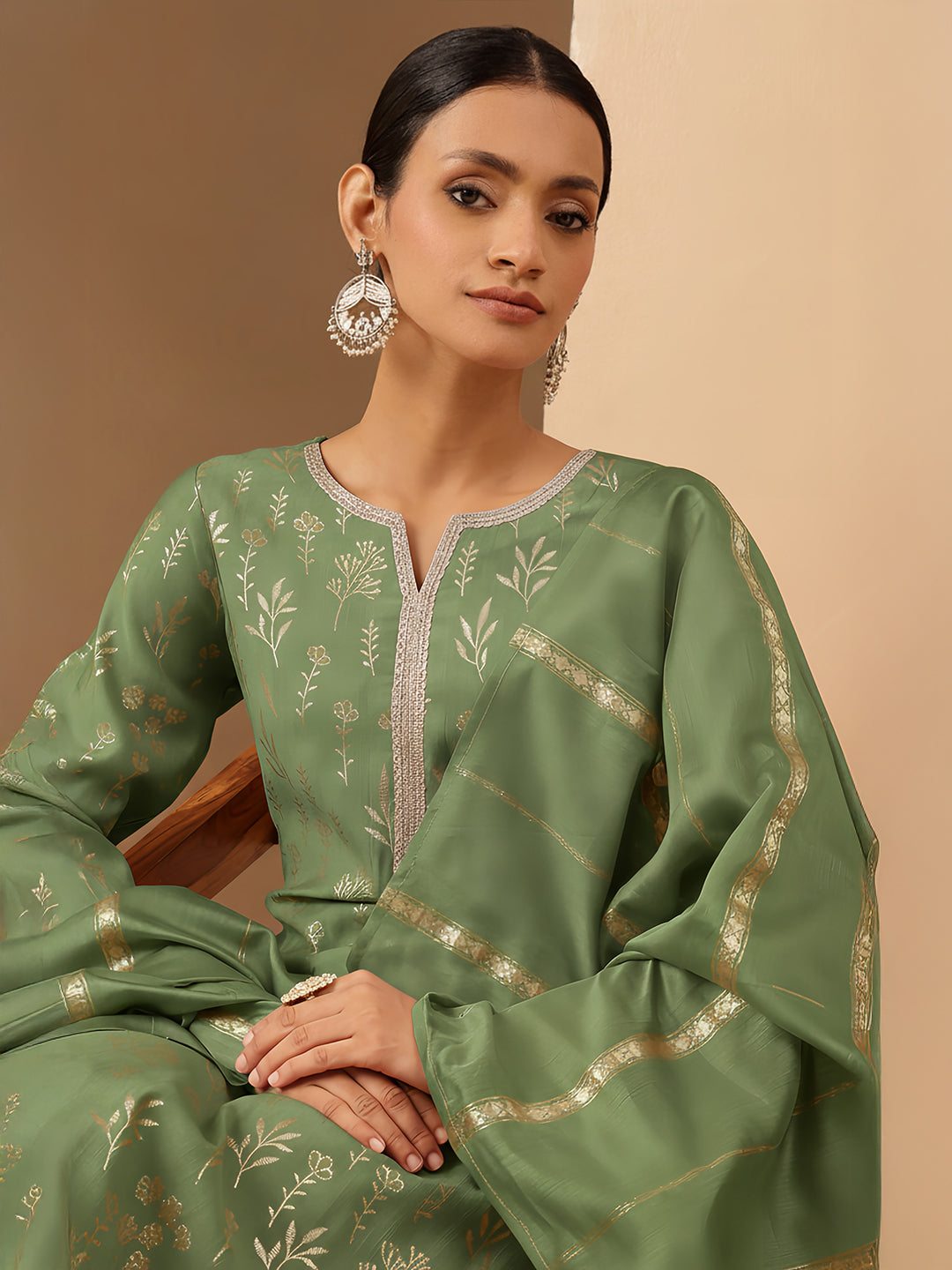 Janasya Women's Mint Green Silk Blend Embellished Gold Printed Straight Kurta Set