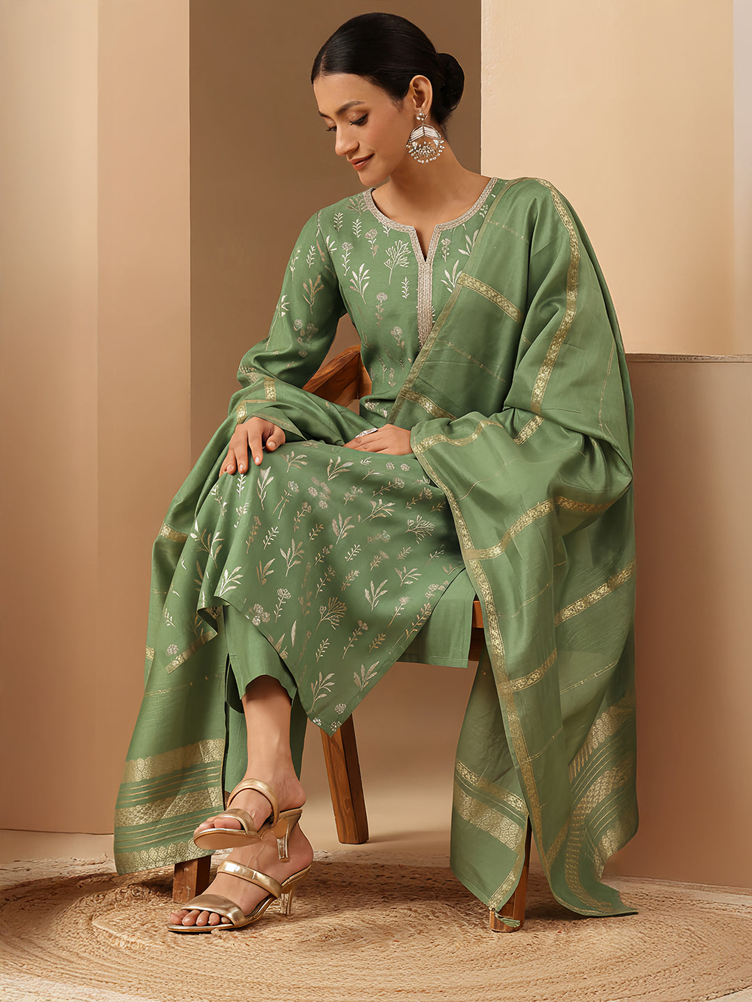 Janasya Women's Mint Green Silk Blend Embellished Gold Printed Straight Kurta Set