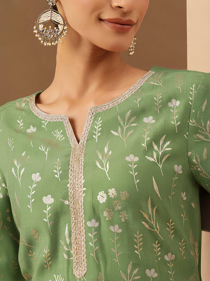Janasya Women's Mint Green Silk Blend Embellished Gold Printed Straight Kurta Set
