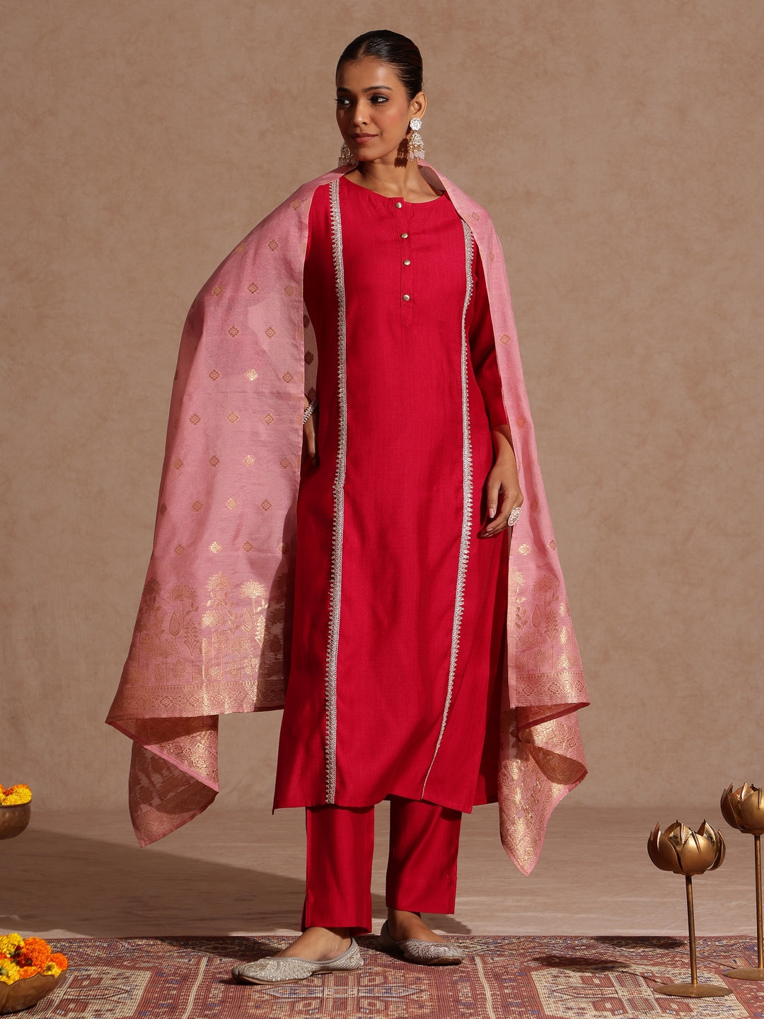 Janasya Women's Pink Silk Blend Embellished Straight Kurta Set