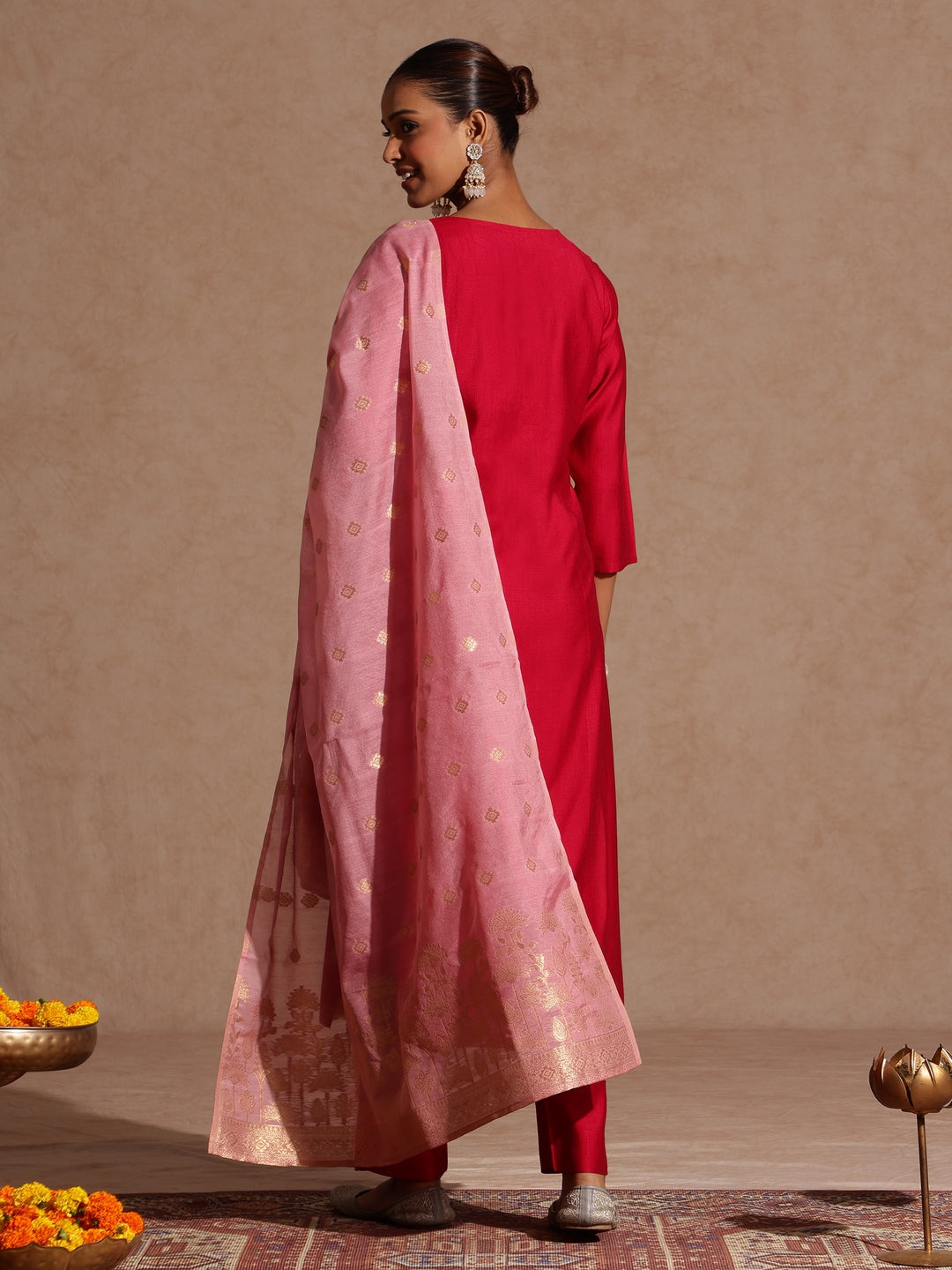 Janasya Women's Pink Silk Blend Embellished Straight Kurta Set