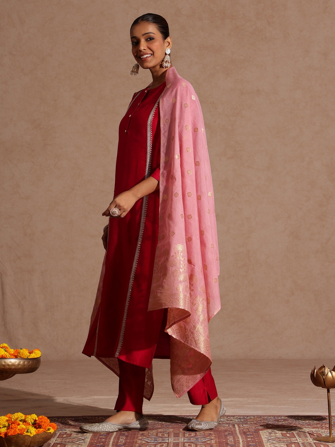 Janasya Women's Pink Silk Blend Embellished Straight Kurta Set
