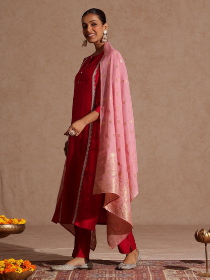 Janasya Women's Pink Silk Blend Embellished Straight Kurta Set