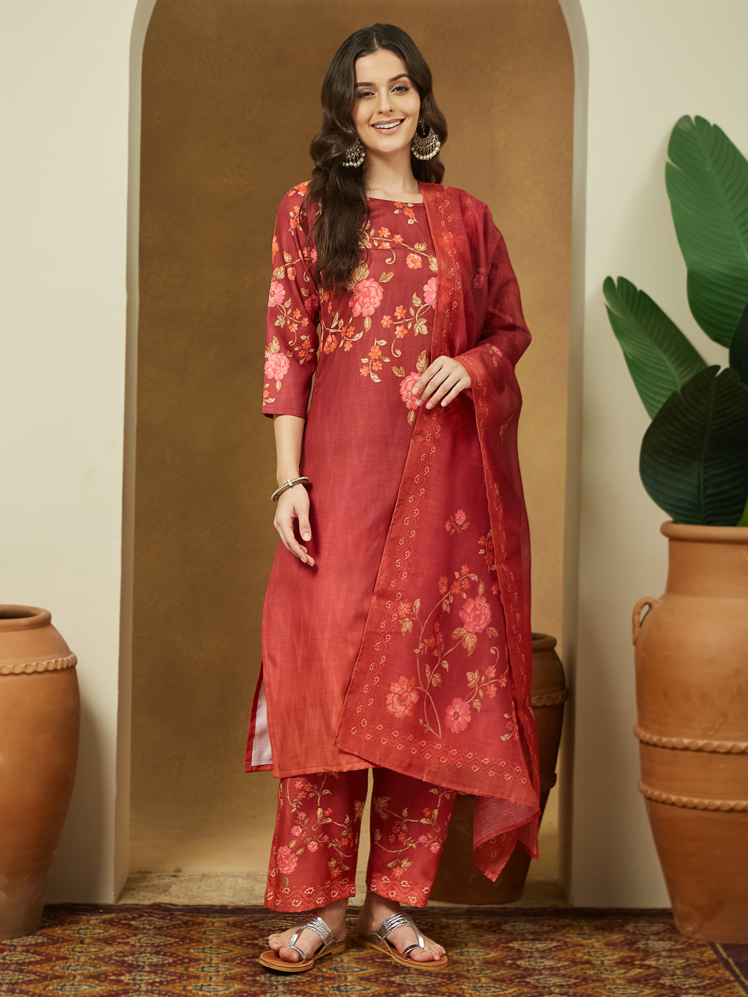 Janasya Women's Rust Cotton Blend Floral Printed Straight Kurta Set