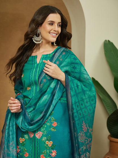 Janasya Women's Teal Blue Cotton Blend Floral Printed Straight Kurta Set