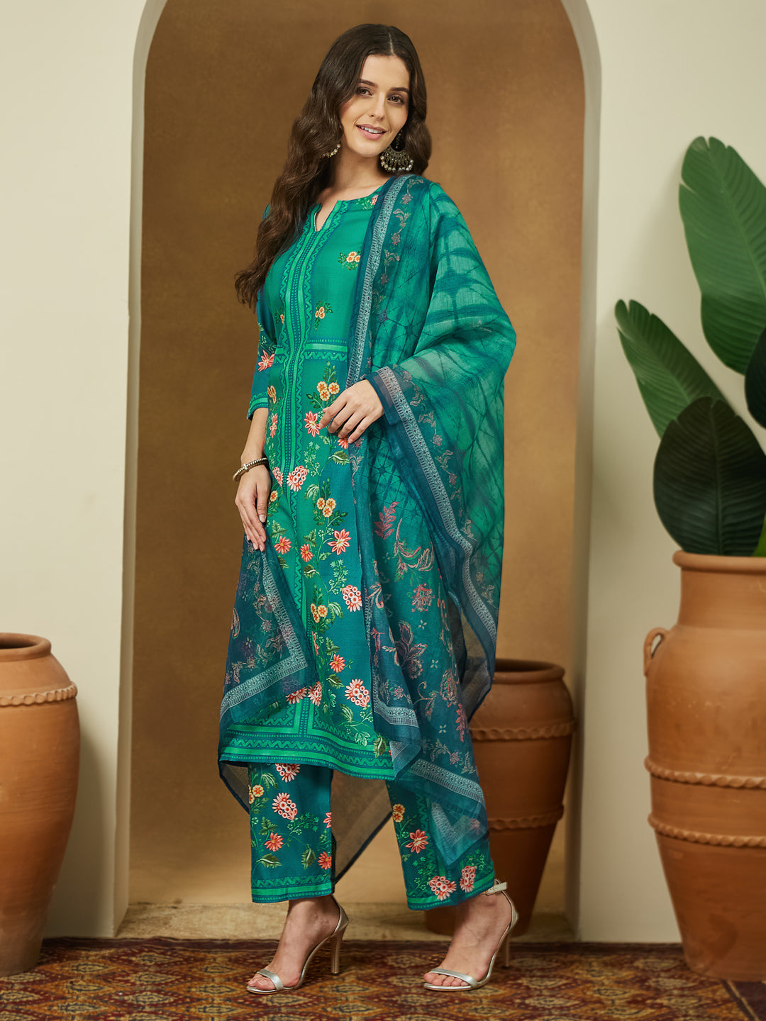 Janasya Women's Teal Blue Cotton Blend Floral Printed Straight Kurta Set
