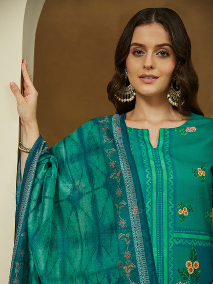 Janasya Women's Teal Blue Cotton Blend Floral Printed Straight Kurta Set