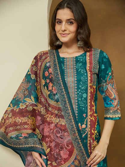 Janasya Women's Teal Blue Cotton Blend Ethnic Motifs Printed Pakistani Style Straight Kurta Set