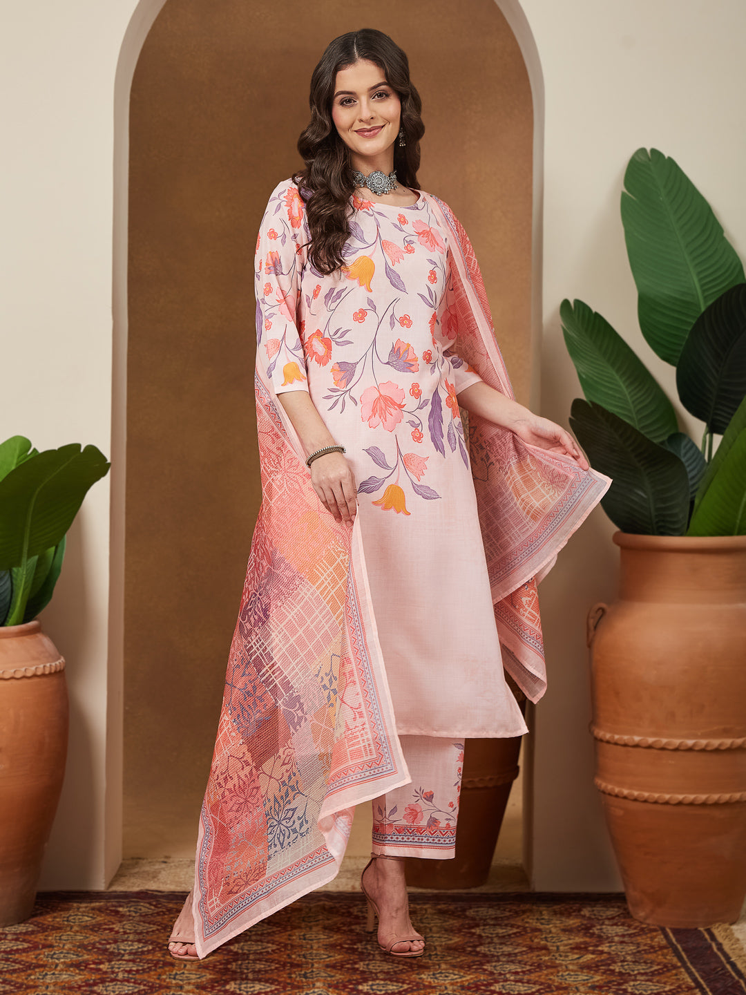 Janasya Women's Peach Cotton Blend Floral Printed Straight Kurta Set