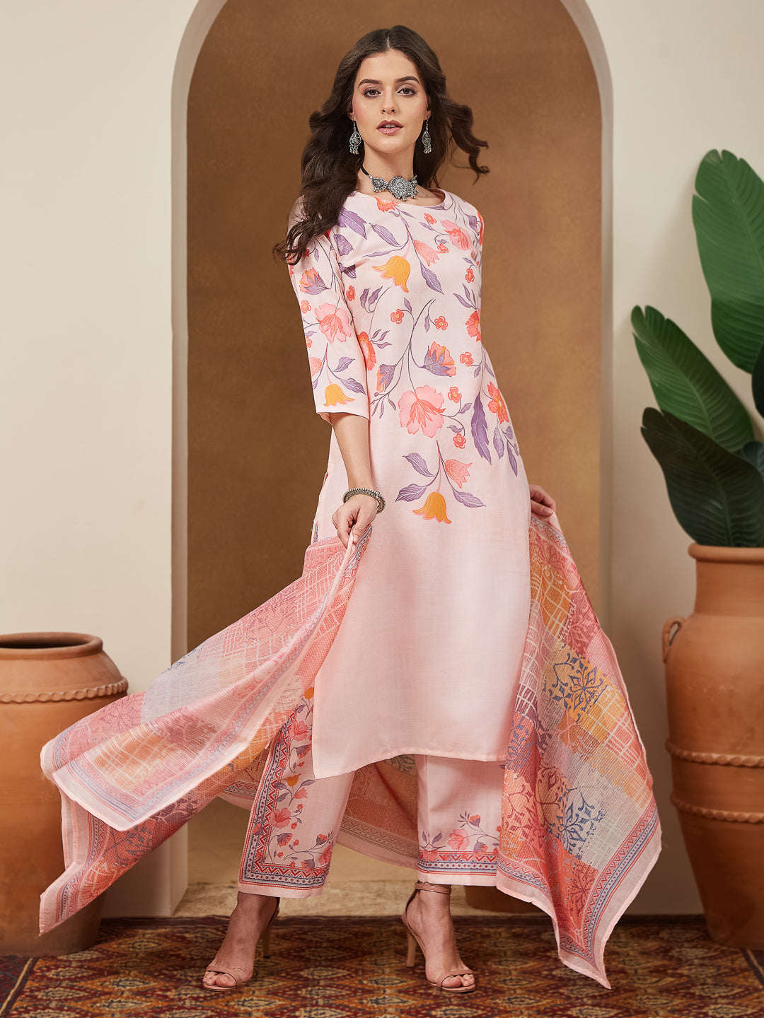 Janasya Women's Peach Cotton Blend Floral Printed Straight Kurta Set