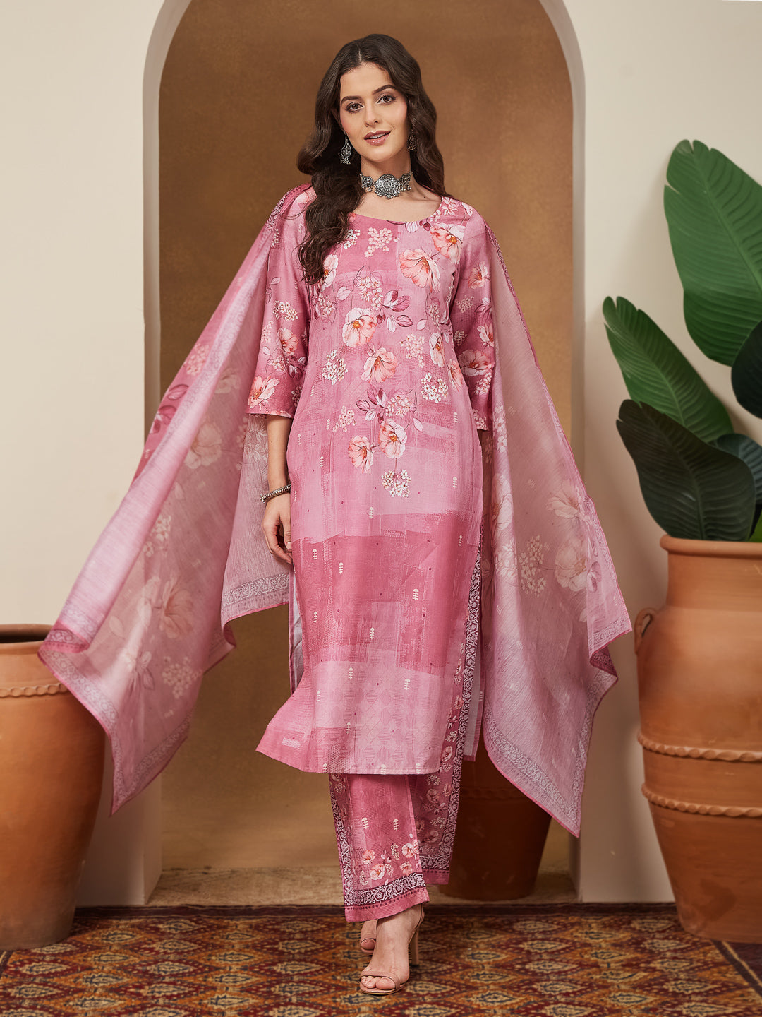 Janasya Women's Pink Cotton Blend Floral Printed Straight Kurta Set
