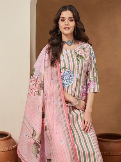 Janasya Women's Light Pink Cotton Blend Floral Printed Straight Kurta Set