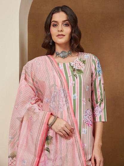 Janasya Women's Light Pink Cotton Blend Floral Printed Straight Kurta Set