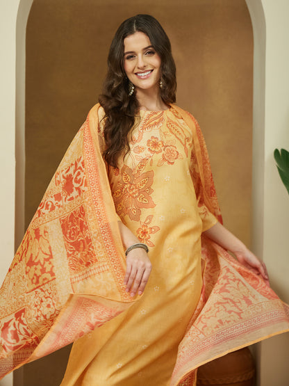 Janasya Women's Yellow Cotton Blend Floral Printed Straight Kurta Set