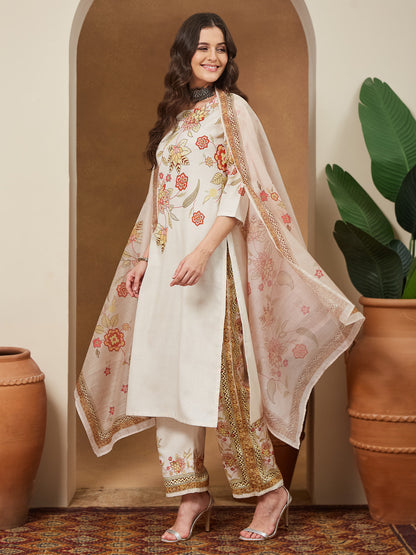 Janasya Women's Cream Cotton Blend Floral Printed Straight Kurta Set