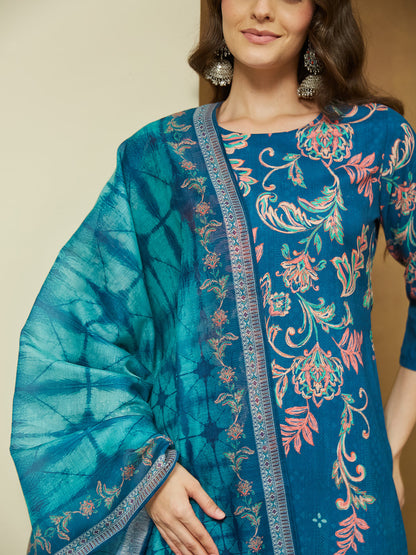 Janasya Women's Teal Blue Cotton Blend Floral Printed Straight Kurta Set
