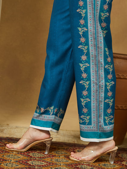 Janasya Women's Teal Blue Cotton Blend Floral Printed Straight Kurta Set