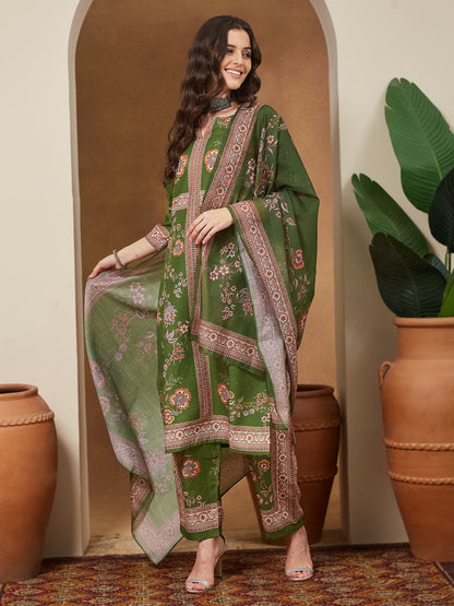 Janasya Women's Mehendi Green Cotton Blend Floral Printed Straight Kurta Set