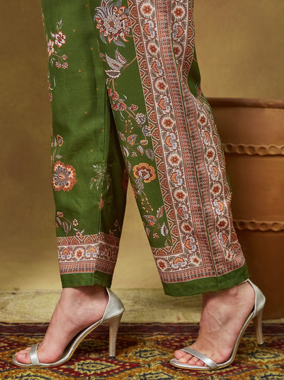 Janasya Women's Mehendi Green Cotton Blend Floral Printed Straight Kurta Set
