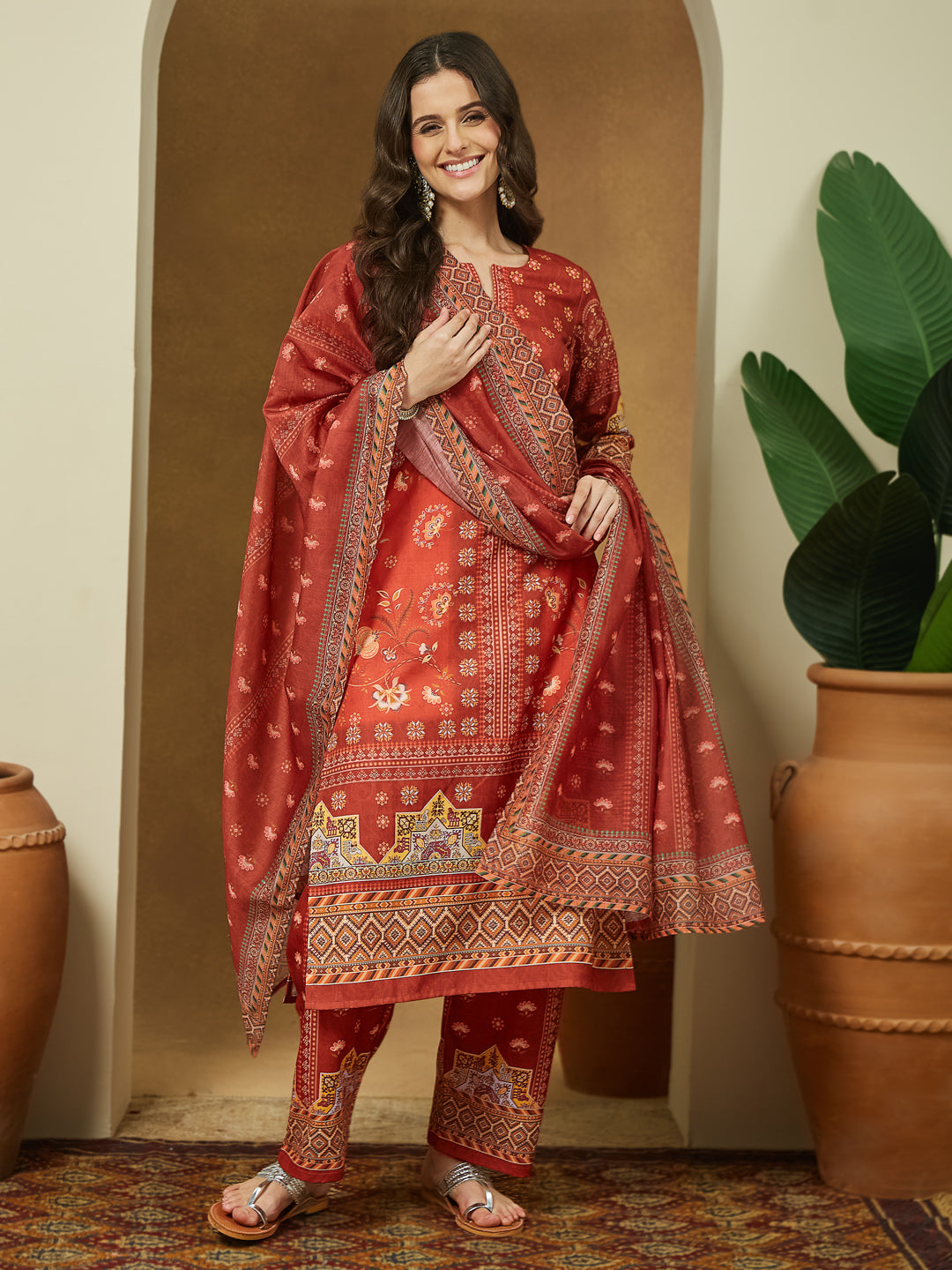 Janasya Women's Rust Cotton Blend Floral Printed Pakistani Straight Kurta Set