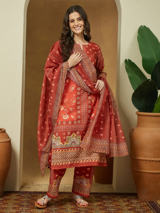Janasya Women's Rust Cotton Blend Floral Printed Pakistani Straight Kurta Set