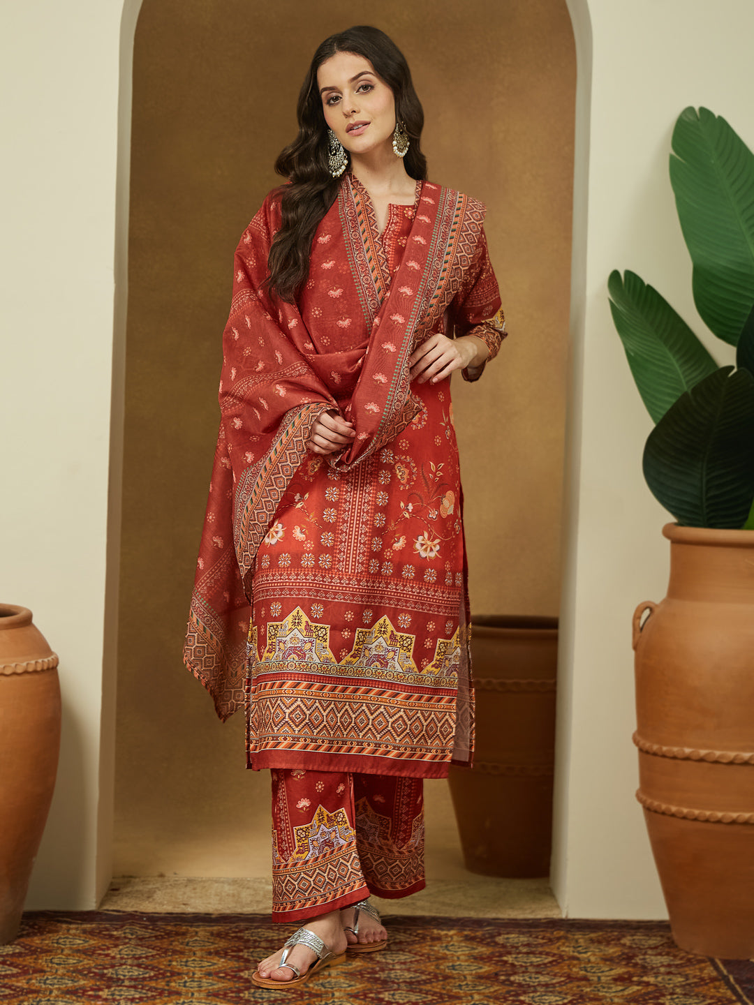 Janasya Women's Rust Cotton Blend Floral Printed Pakistani Straight Kurta Set