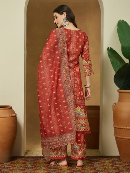 Janasya Women's Rust Cotton Blend Floral Printed Pakistani Straight Kurta Set