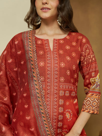 Janasya Women's Rust Cotton Blend Floral Printed Pakistani Straight Kurta Set