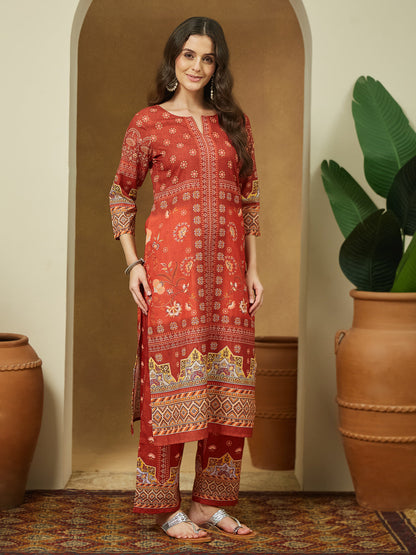 Janasya Women's Rust Cotton Blend Floral Printed Pakistani Straight Kurta Set