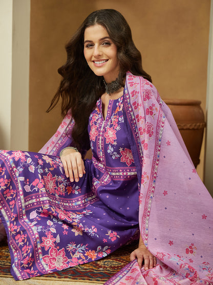 Janasya Women's Purple Cotton Blend Floral Printed Straight Kurta Set