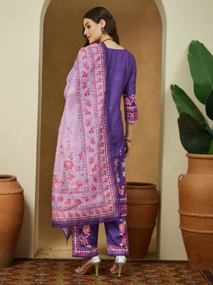 Janasya Women's Purple Cotton Blend Floral Printed Straight Kurta Set