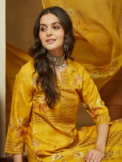 Janasya Women's Yellow Cotton Blend Floral Printed Pakistani Floral Straight Kurta Set