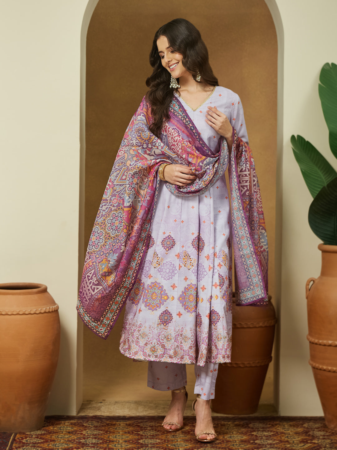 Janasya Women's Lavender Cotton Blend Ethnic Motifs Printed Anarkali Kurta Set