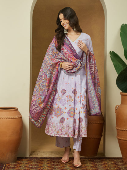 Janasya Women's Lavender Cotton Blend Ethnic Motifs Printed Anarkali Kurta Set