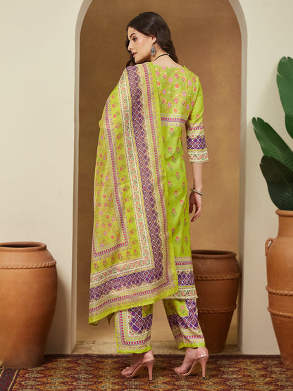 Janasya Women's Green Cotton Blend Floral Printed Pakistani Style Straight Kurta Set