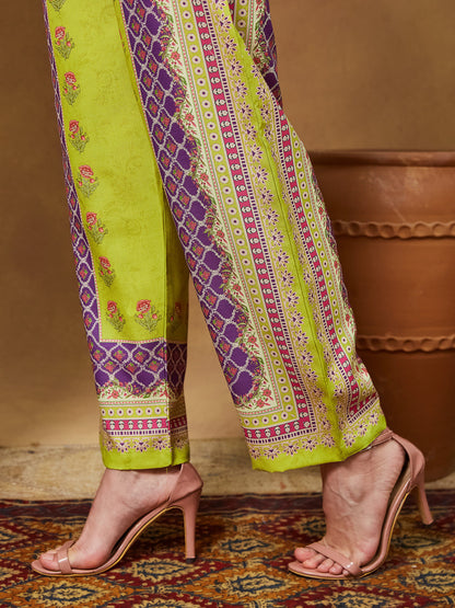 Janasya Women's Green Cotton Blend Floral Printed Pakistani Style Straight Kurta Set