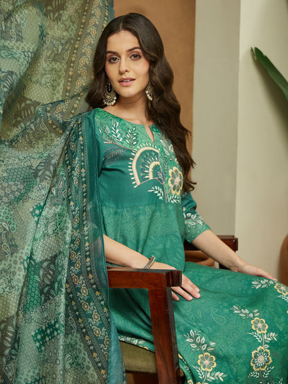 Janasya Women's Sage Green Cotton Blend Floral Printed Anarkali Kurta Set