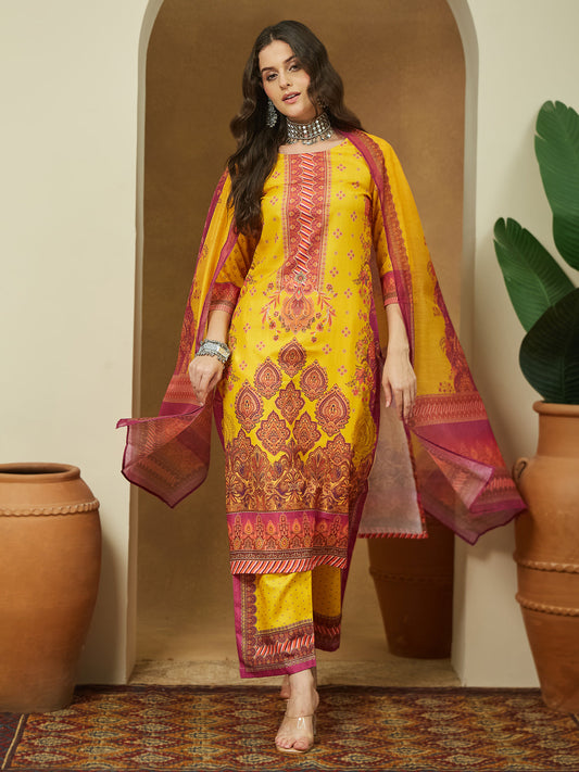 Janasya Women's Yellow Cotton Blend Floral Printed Straight Kurta Set
