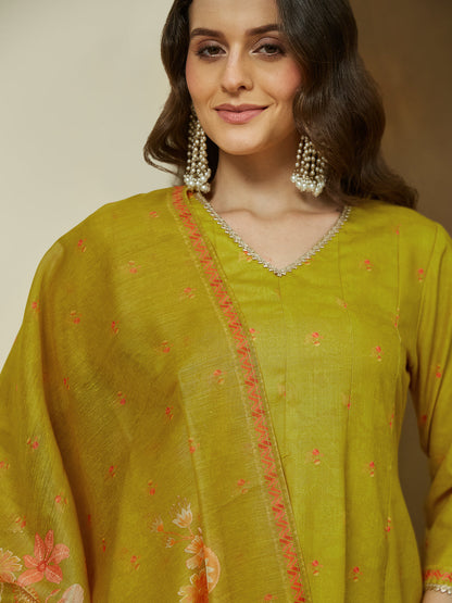 Janasya Women's Mustard Cotton Blend Floral Printed Anarkali Kurta Set
