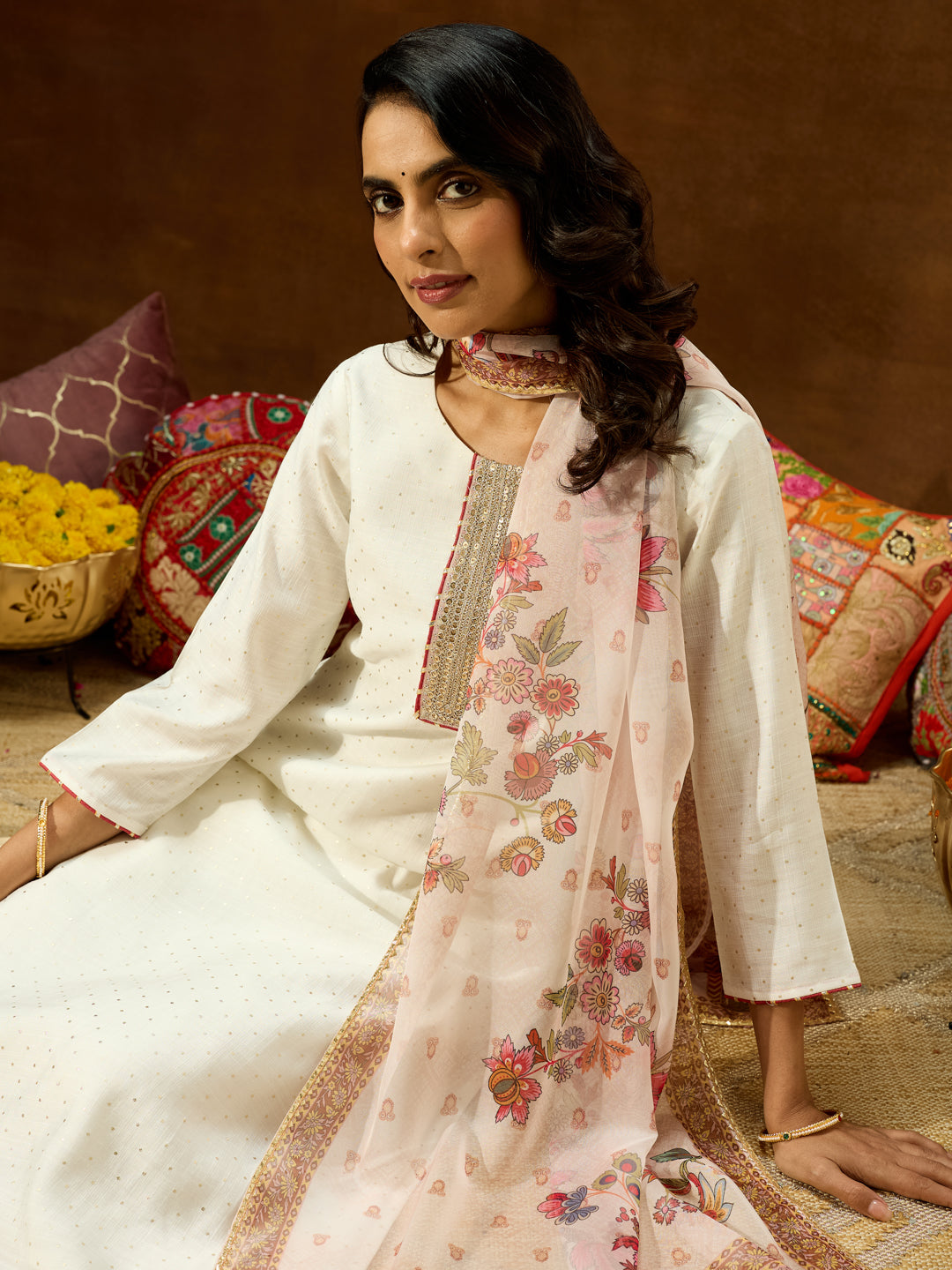 Janasya Women's Off White Silk Blend Embellished Straight Kurta Set