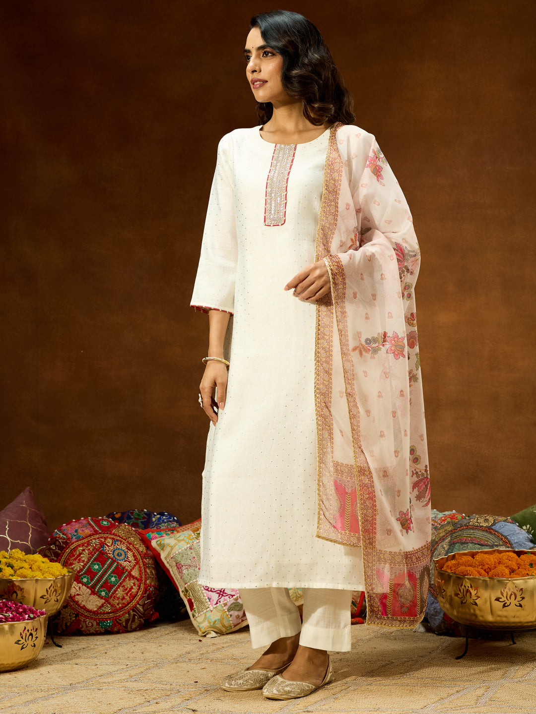 Janasya Women's Off White Silk Blend Embellished Straight Kurta Set
