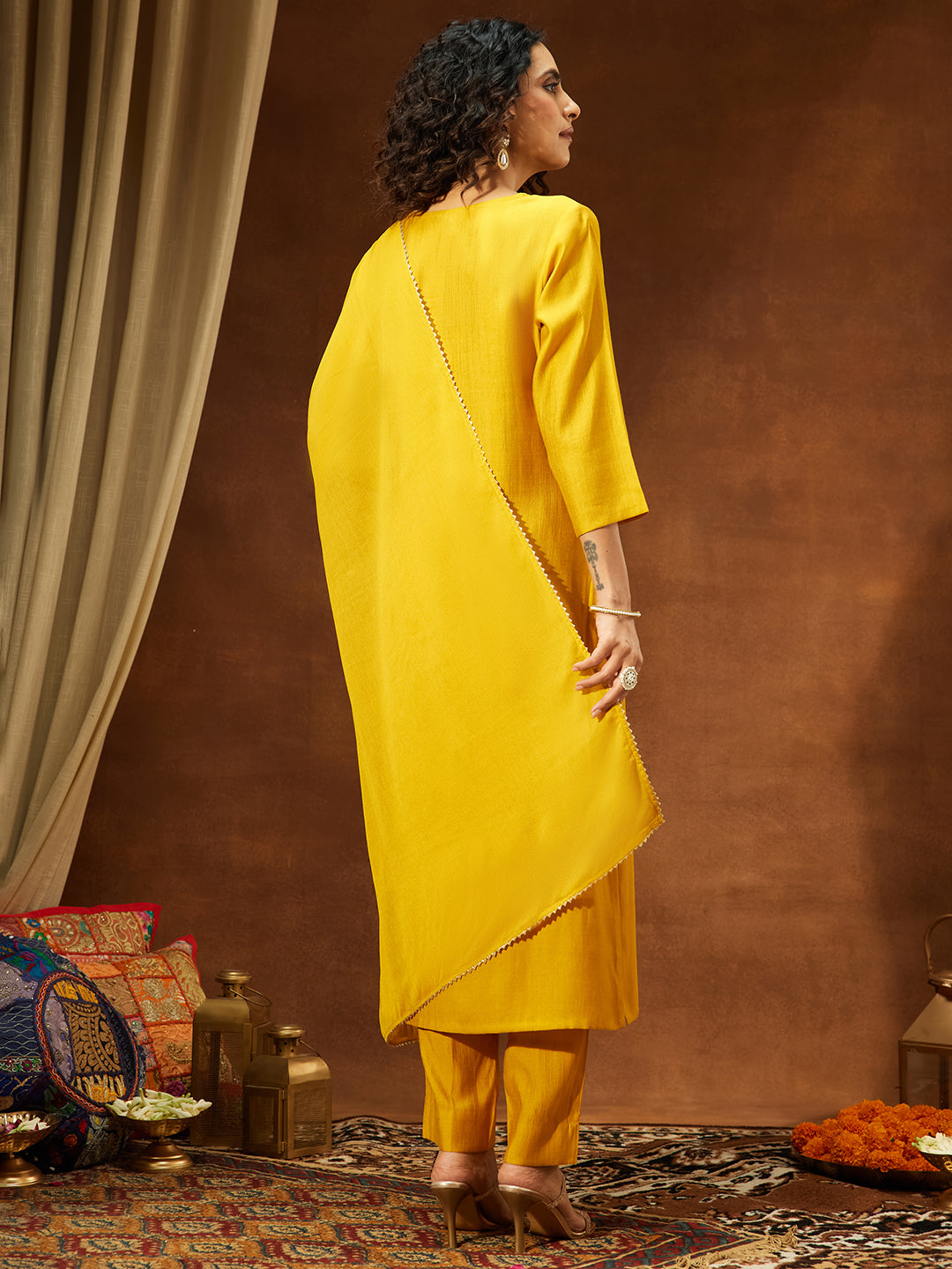 Janasya Women's Mustard Silk Blend Yoke Embroidered Straight Kurta Set